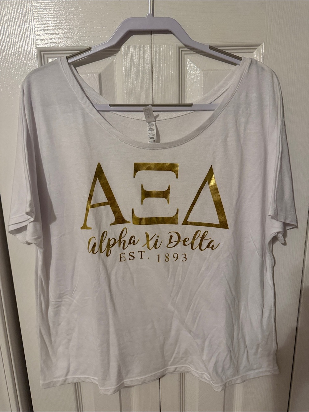 Bella Canvas White Tee with Gold Foil Alpha Xi Delta Logo